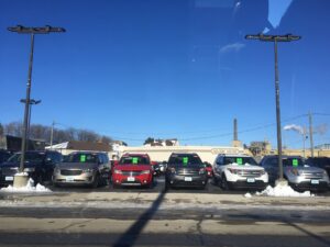 New cars on the lot at a Ford dealership in Manitowoc, Wisconsin