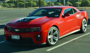 A red 2013 Chevrolet Camaro ZL1 coupe parked, front three-quarter view showing the ZL1 hood vents and sport wheels