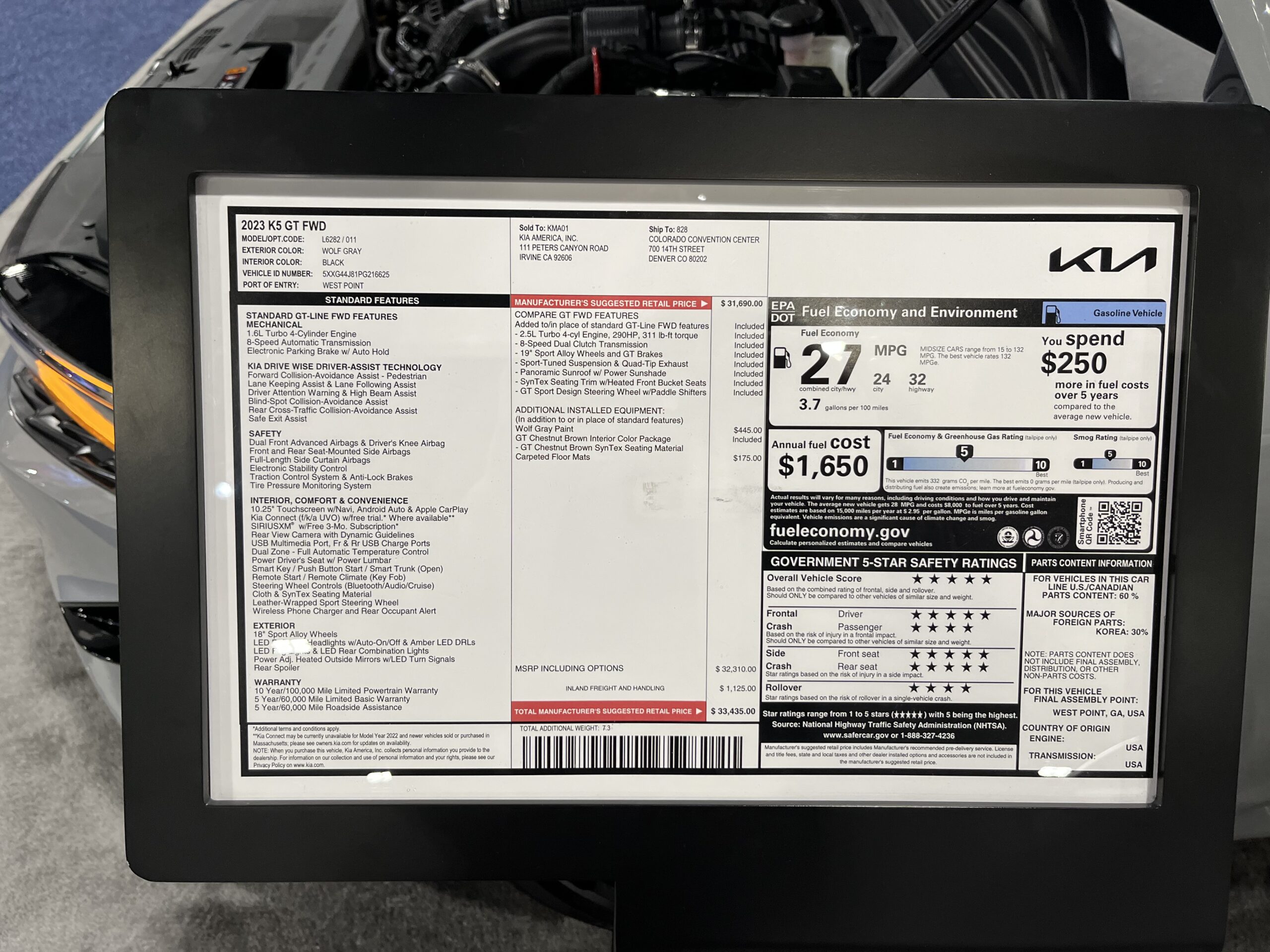 Dealership window sticker on a 2023 Kia K5 GT showing the Monroney label