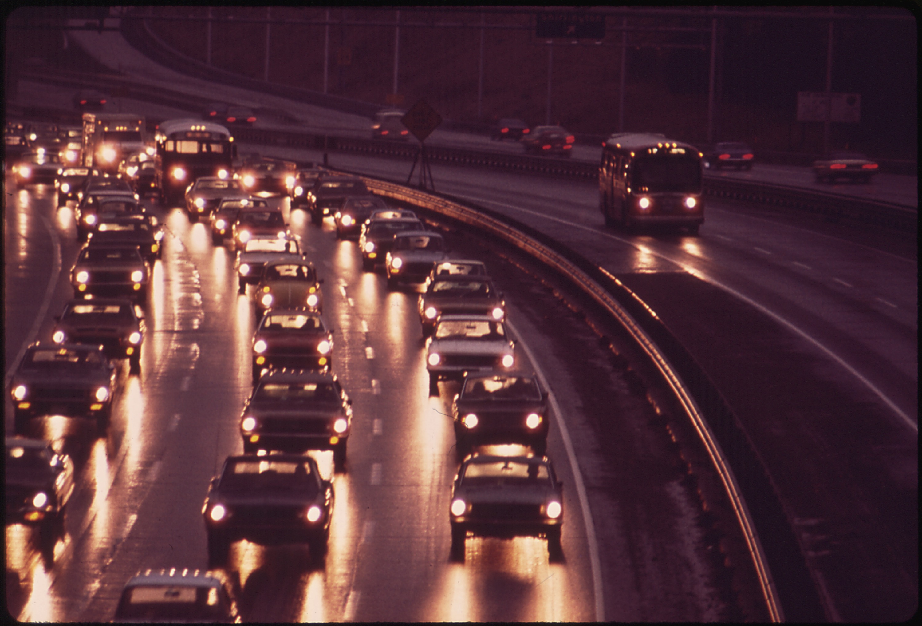 Evening rush hour traffic on a multi-lane US highway