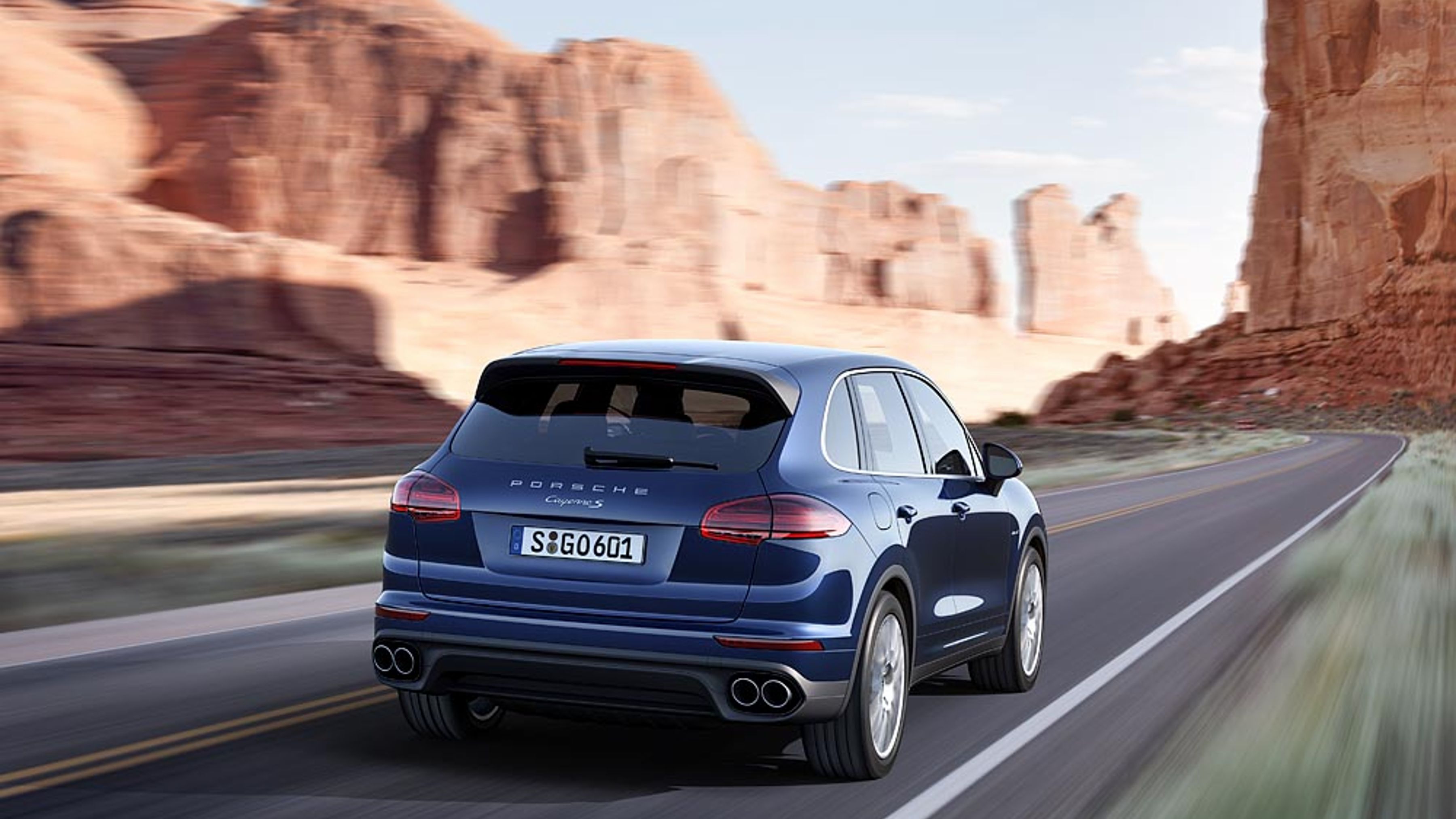 Rear view of a 958 Porsche Cayenne S showing tail-lights and quad exhausts