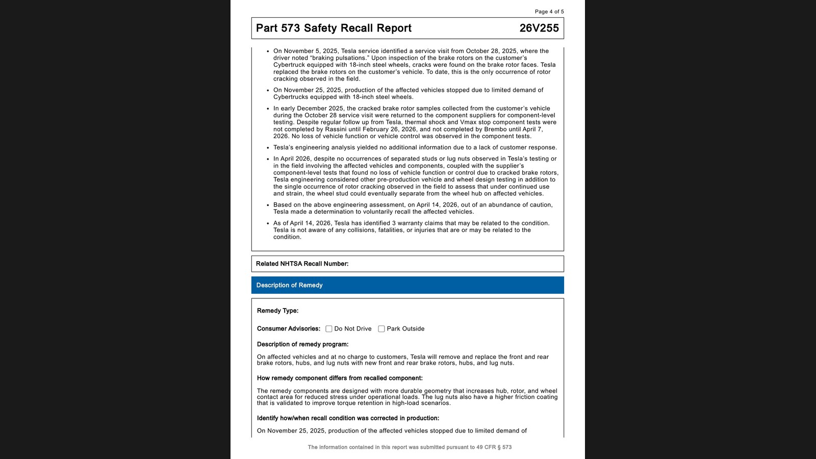 Tesla Cybertruck recall remedy description NHTSA rotors hubs lug nuts replacement