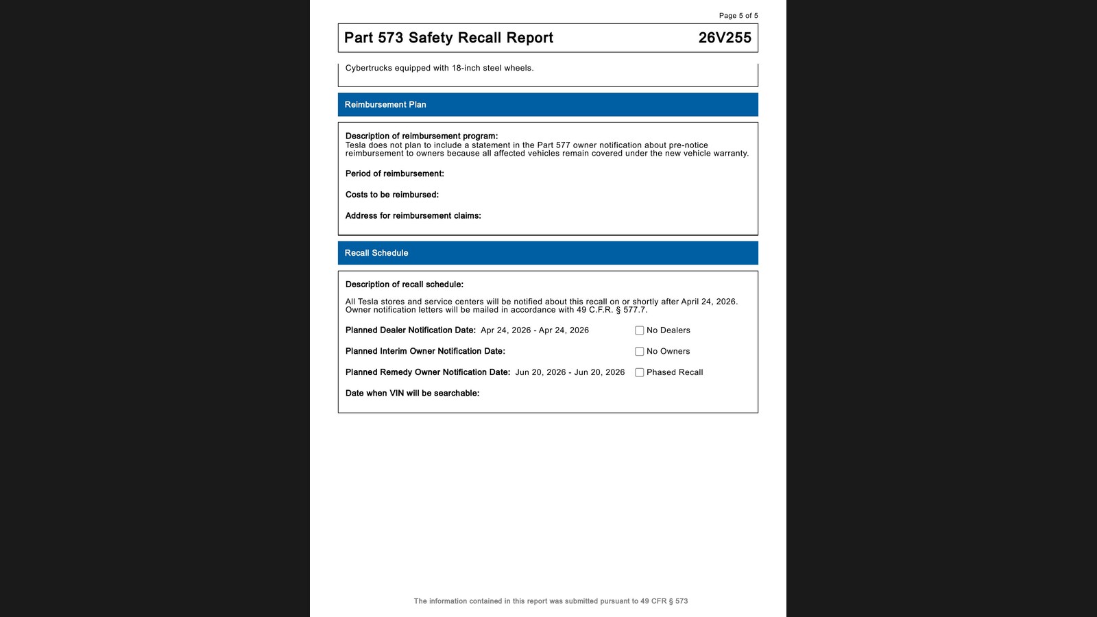 Tesla Cybertruck recall report reimbursement plan owner notification timeline