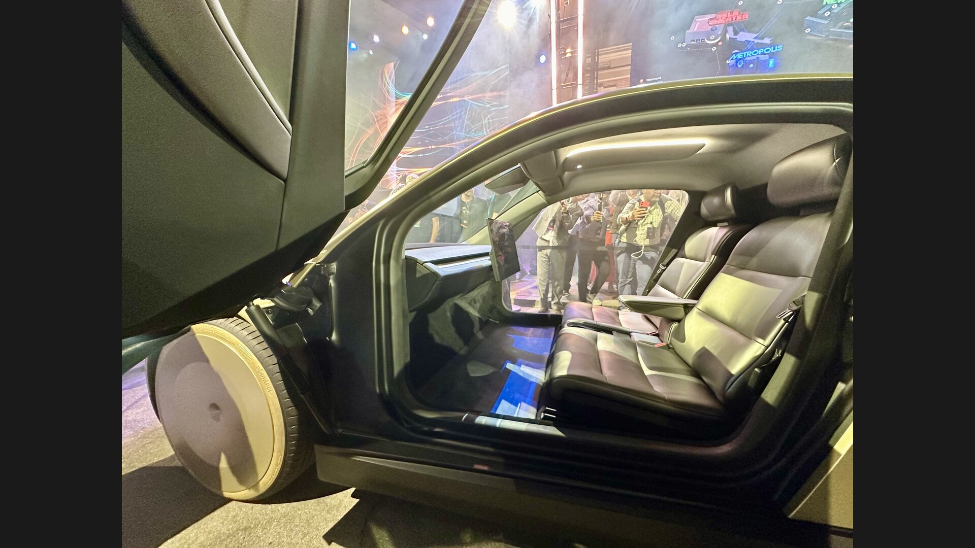Tesla Cybercab interior with no steering wheel or pedals, the purpose-built robotaxi cabin