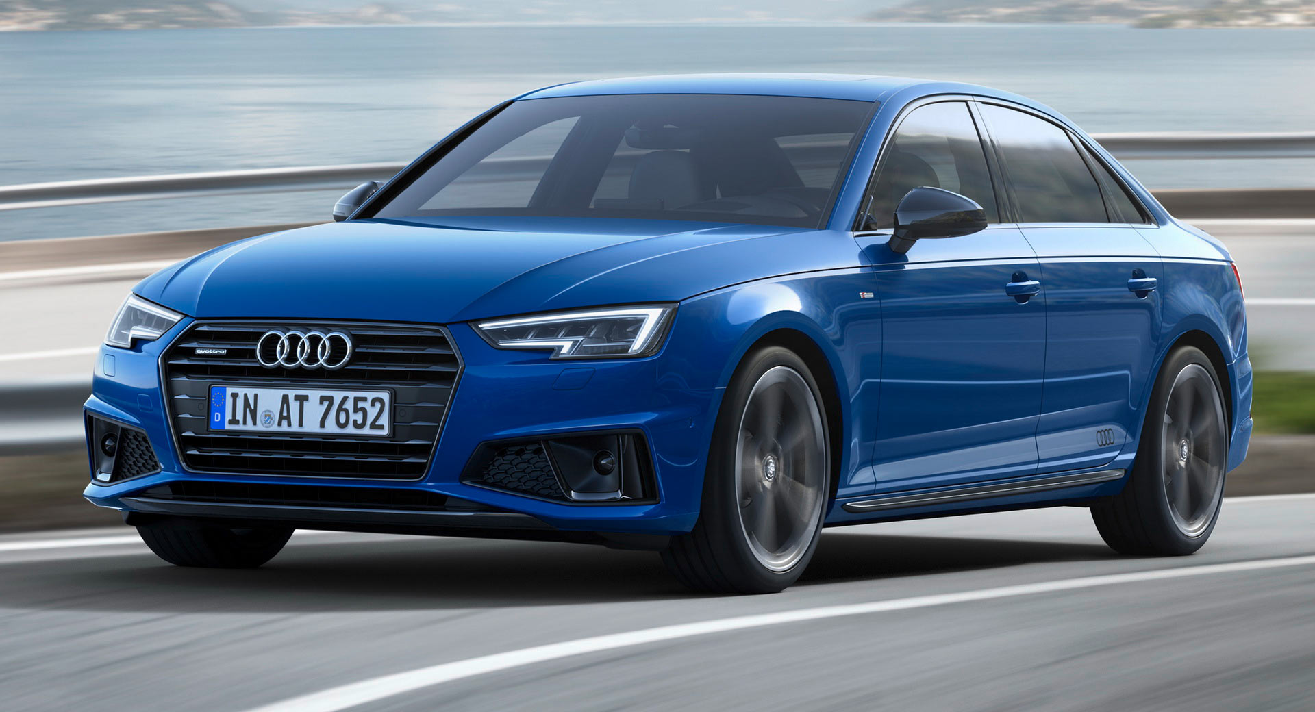 Audi A4 B9 used blue saloon front three-quarter, facelift grille