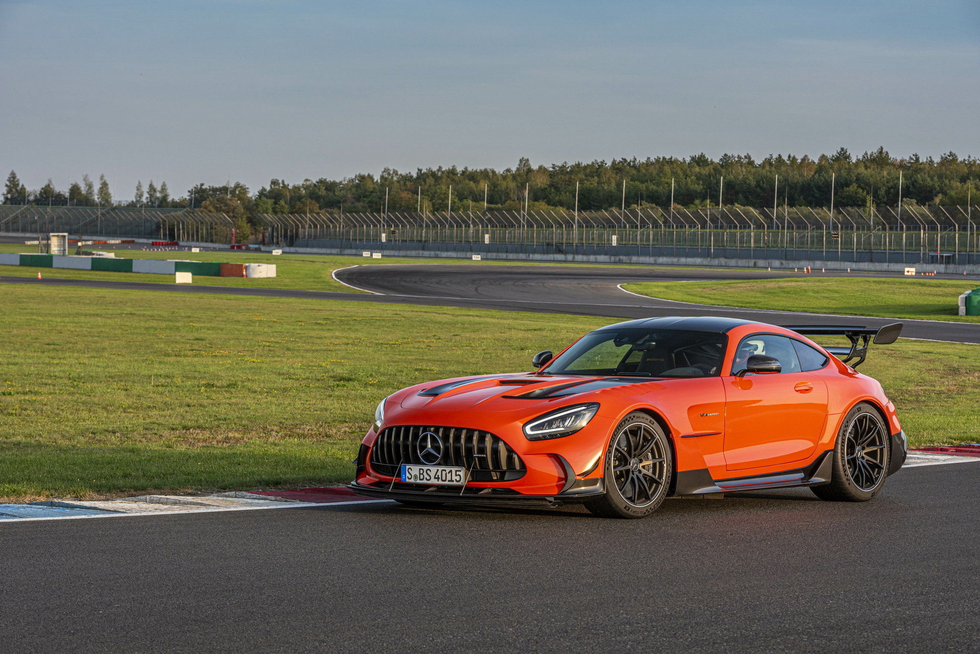 Mercedes-AMG GT C190 coupe front three-quarter on track
