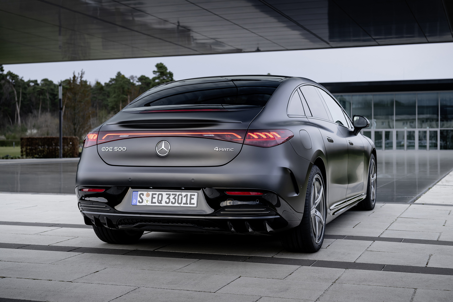 Mercedes-EQ EQE 500 rear three-quarter, a company car bought outright for 100% first year allowance
