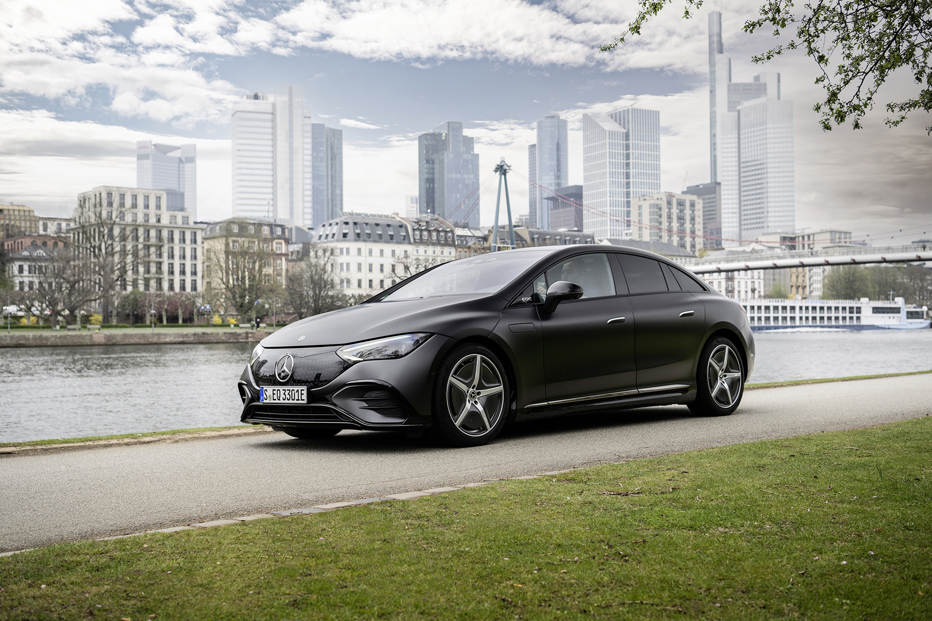 Mercedes-EQ EQE saloon by the river, the premium EV directors run on salary sacrifice