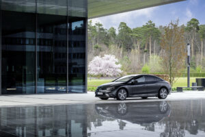 Mercedes-EQ EQE saloon front three-quarter, premium EV for director salary sacrifice or company purchase