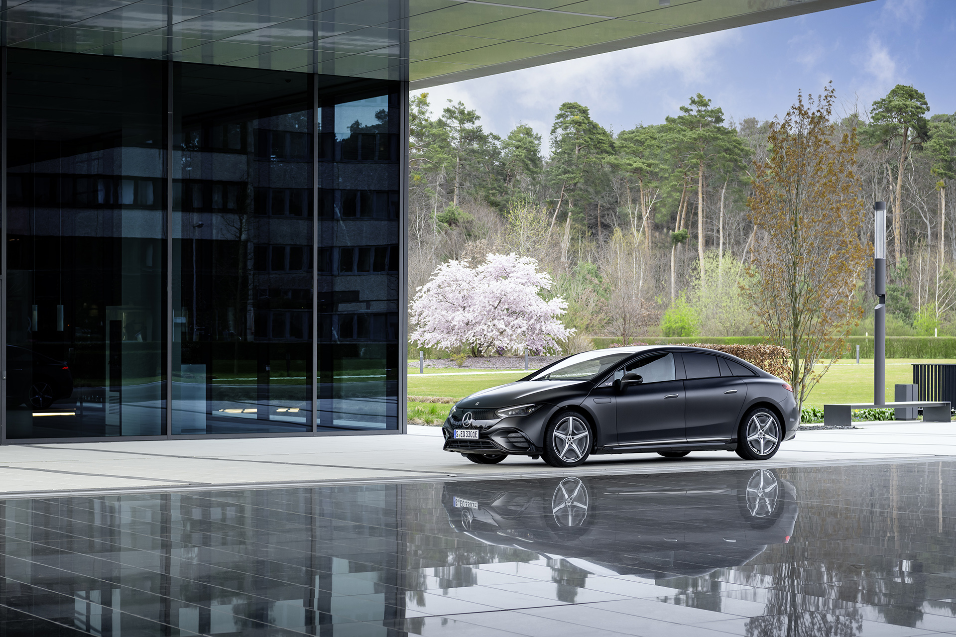 Mercedes-EQ EQE saloon front three-quarter, premium EV for director salary sacrifice or company purchase