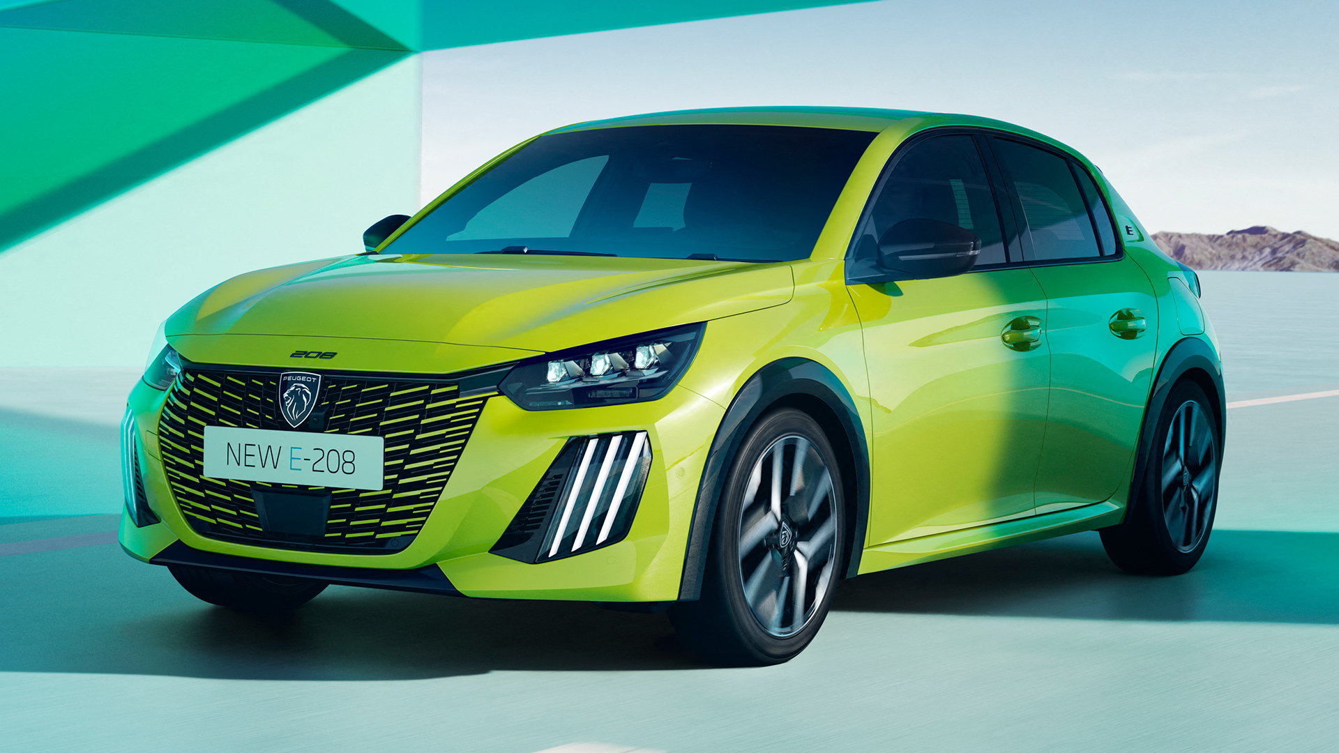 Peugeot e-208 facelift front three-quarter in Acid Green, ideal city electric car