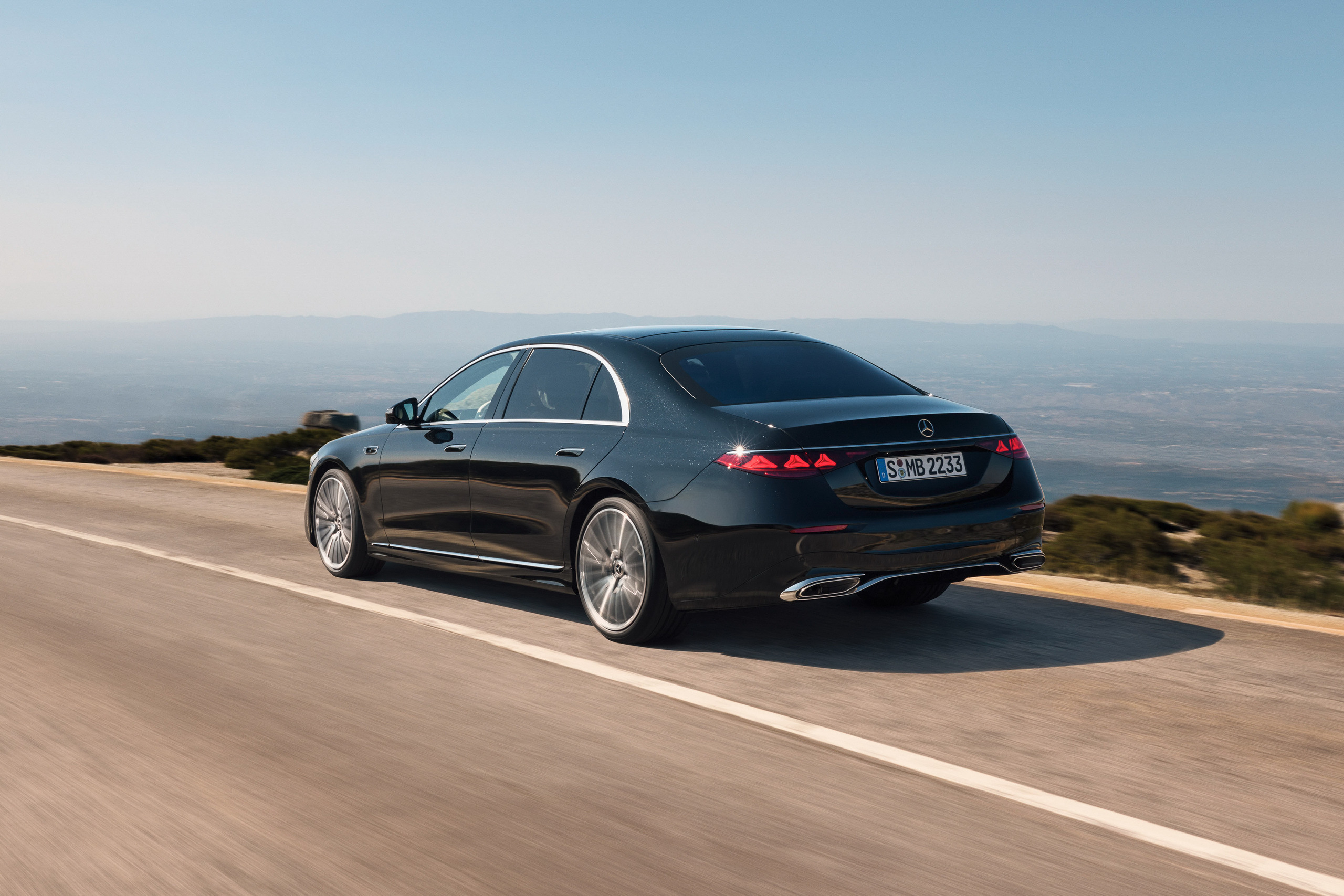 Mercedes S-Class facelift 2026 rear three-quarter view on the road