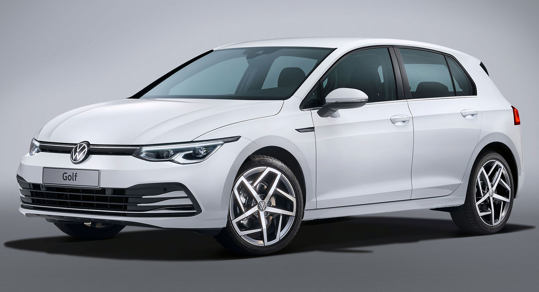 VW Golf Mk8 approved used in white, studio three-quarter front view