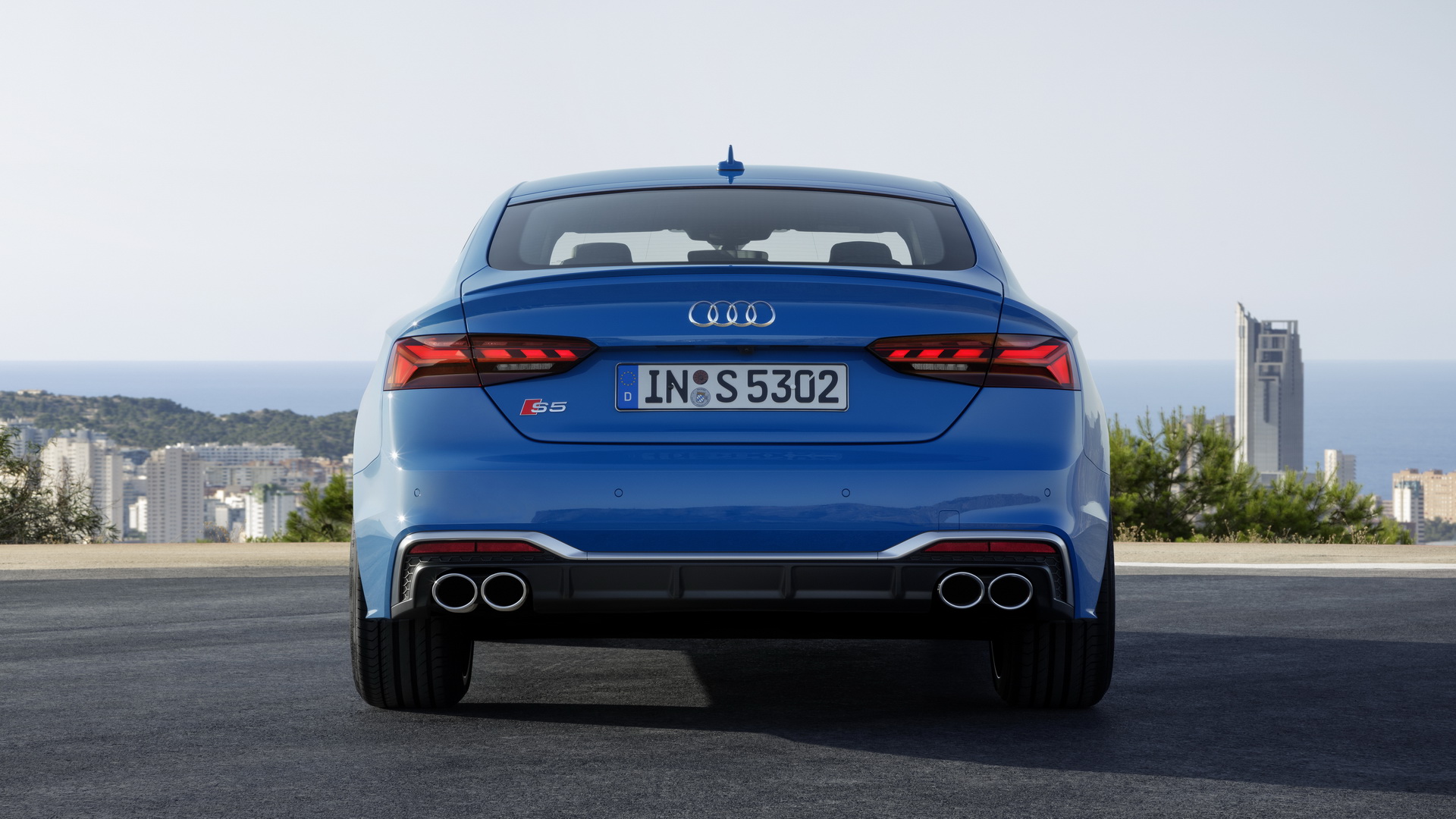 Audi A5 Sportback used rear view, blue S5 Sportback with quad exhaust
