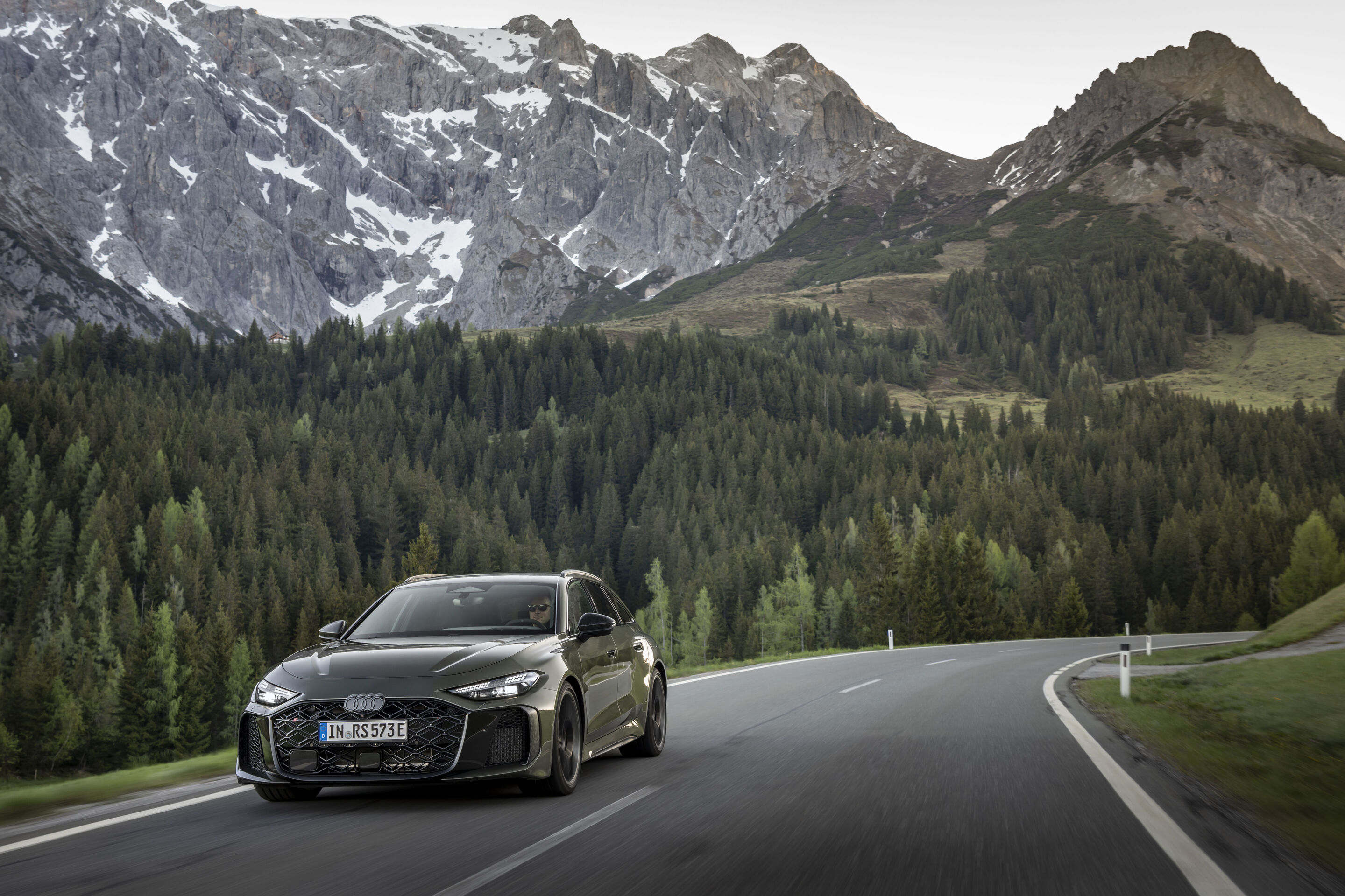 New Audi RS5 e-hybrid Avant estate static three-quarter view