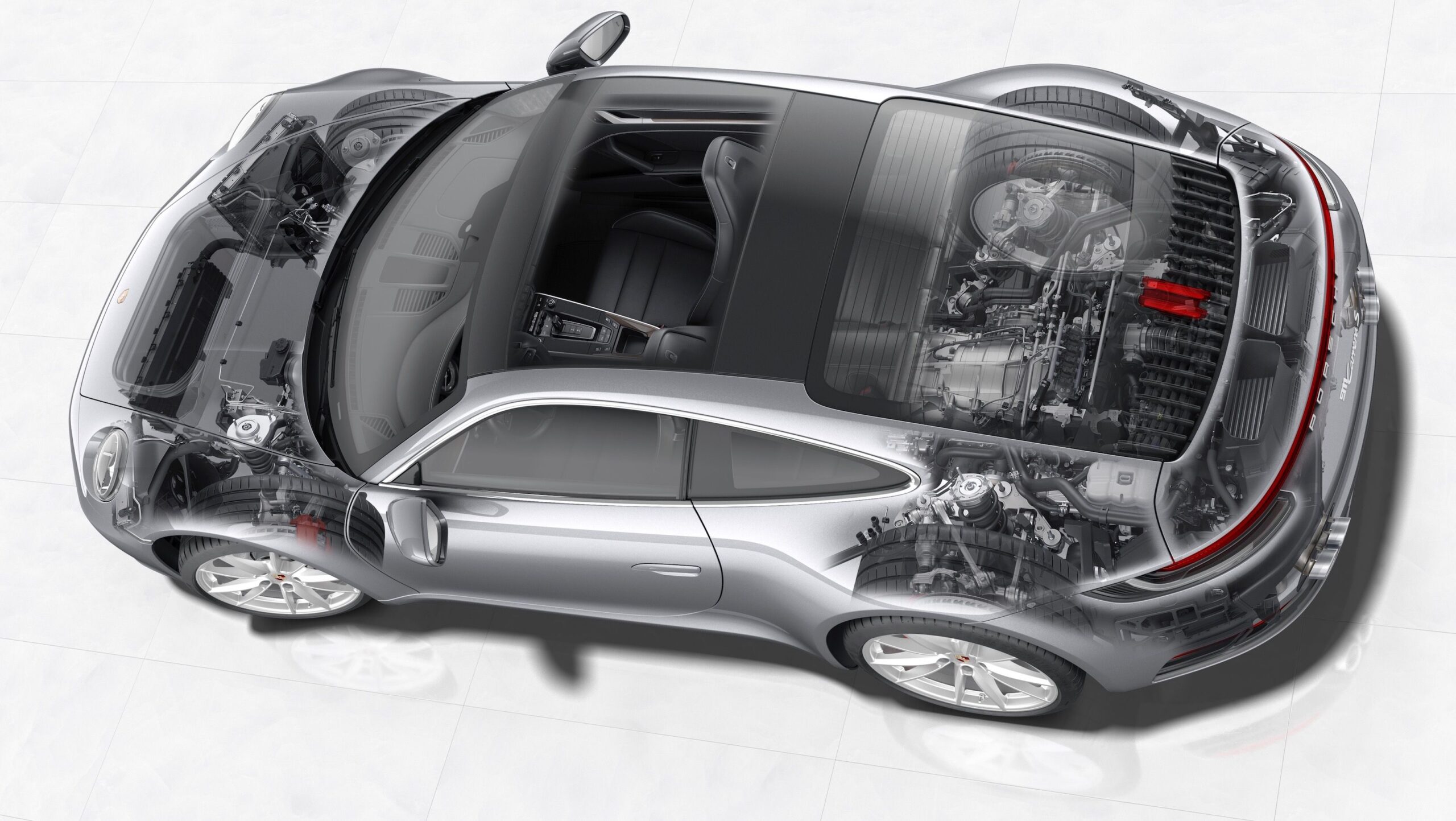 Porsche 911 992 rear-mounted twin-turbo flat-six engine layout diagram