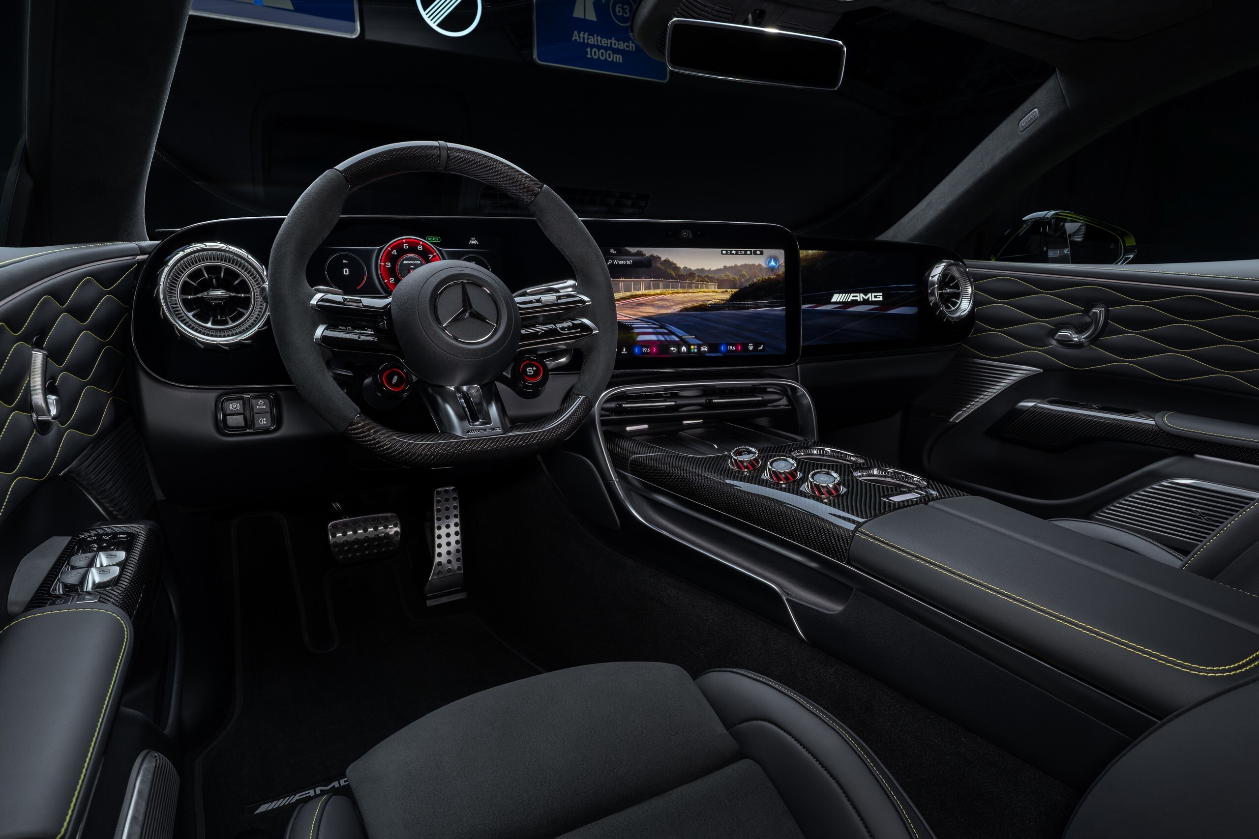 Mercedes-AMG cabin and steering wheel, the kind of premium interior buyers finance when comparing representative APR against their real rate