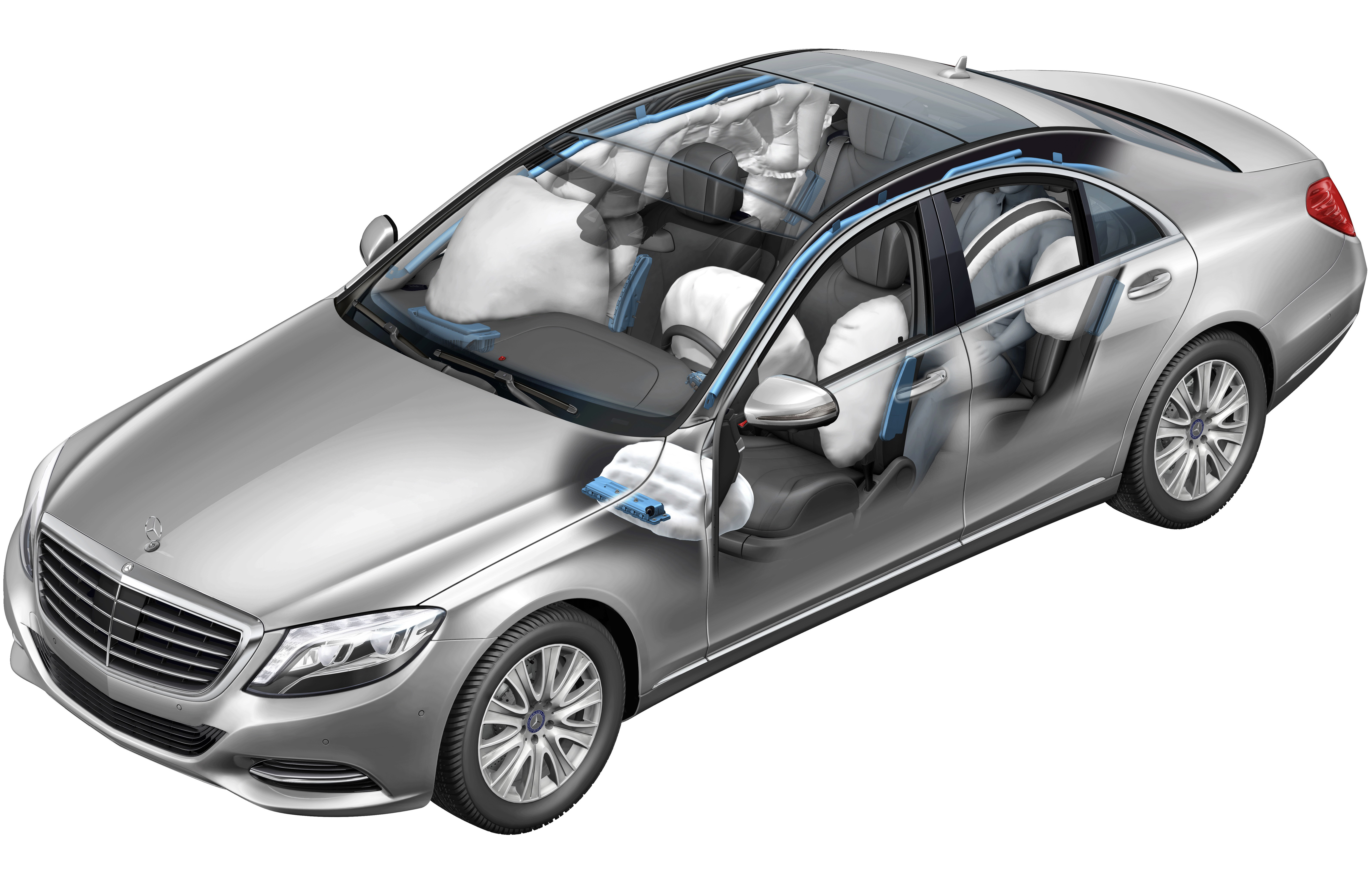 Mercedes S-Class W222 airbag and safety systems cutaway, electrical complexity