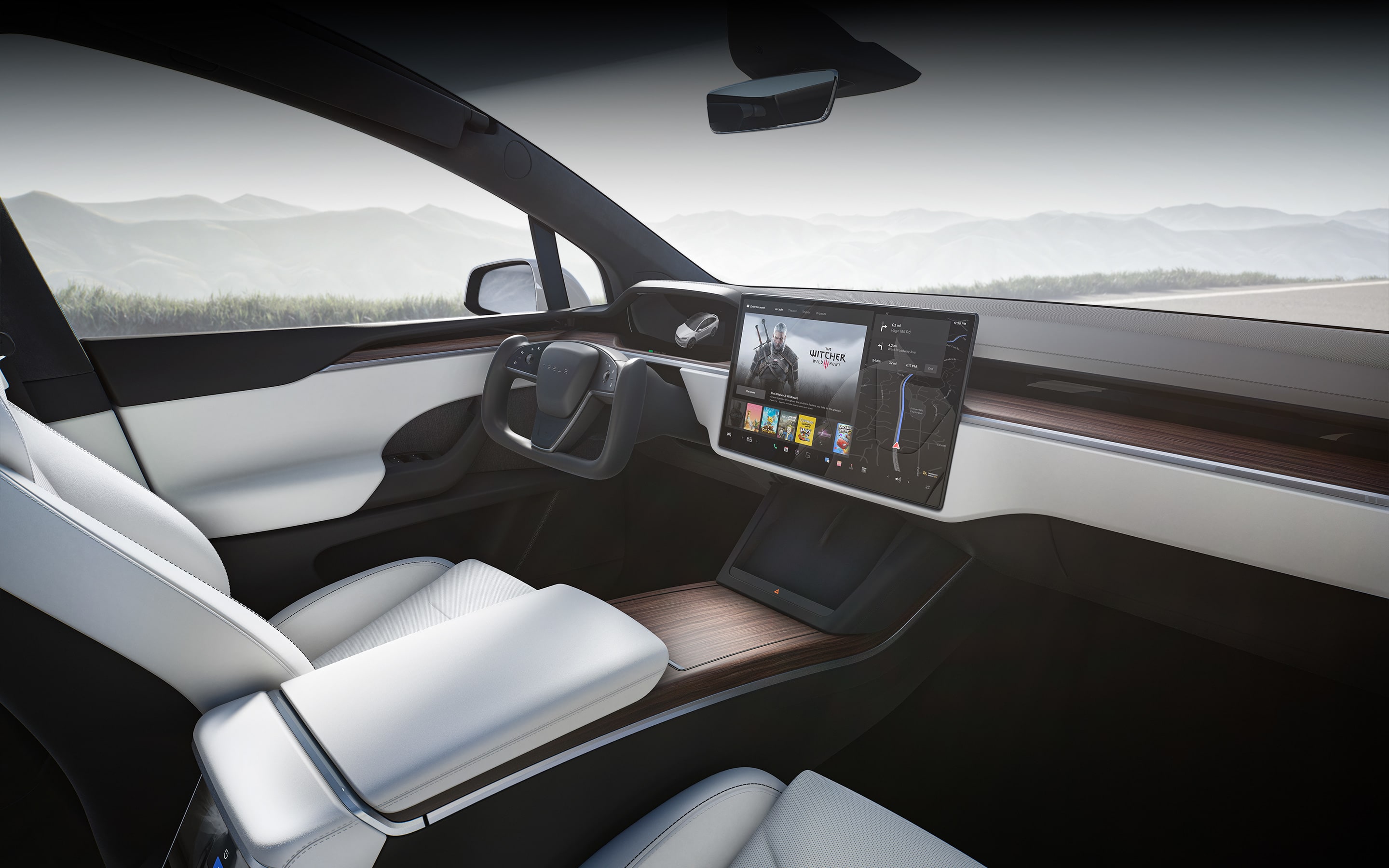 Tesla Model X salary sacrifice interior with the landscape touchscreen and white cabin