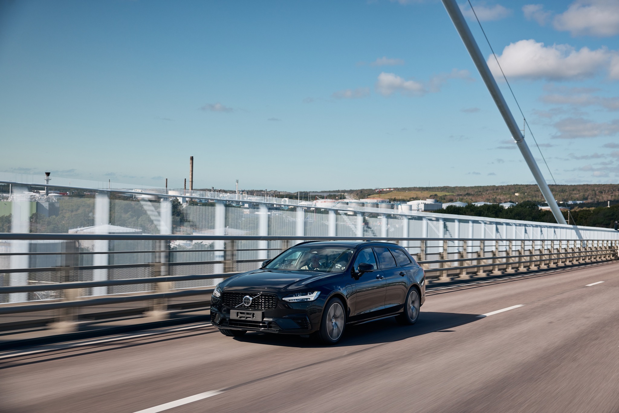 Used Volvo V90 estate front view on the assembly line, value premium estate for UK buyers