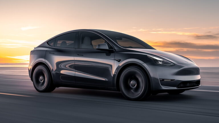 Used Tesla Model Y in grey on a coast road at sunset