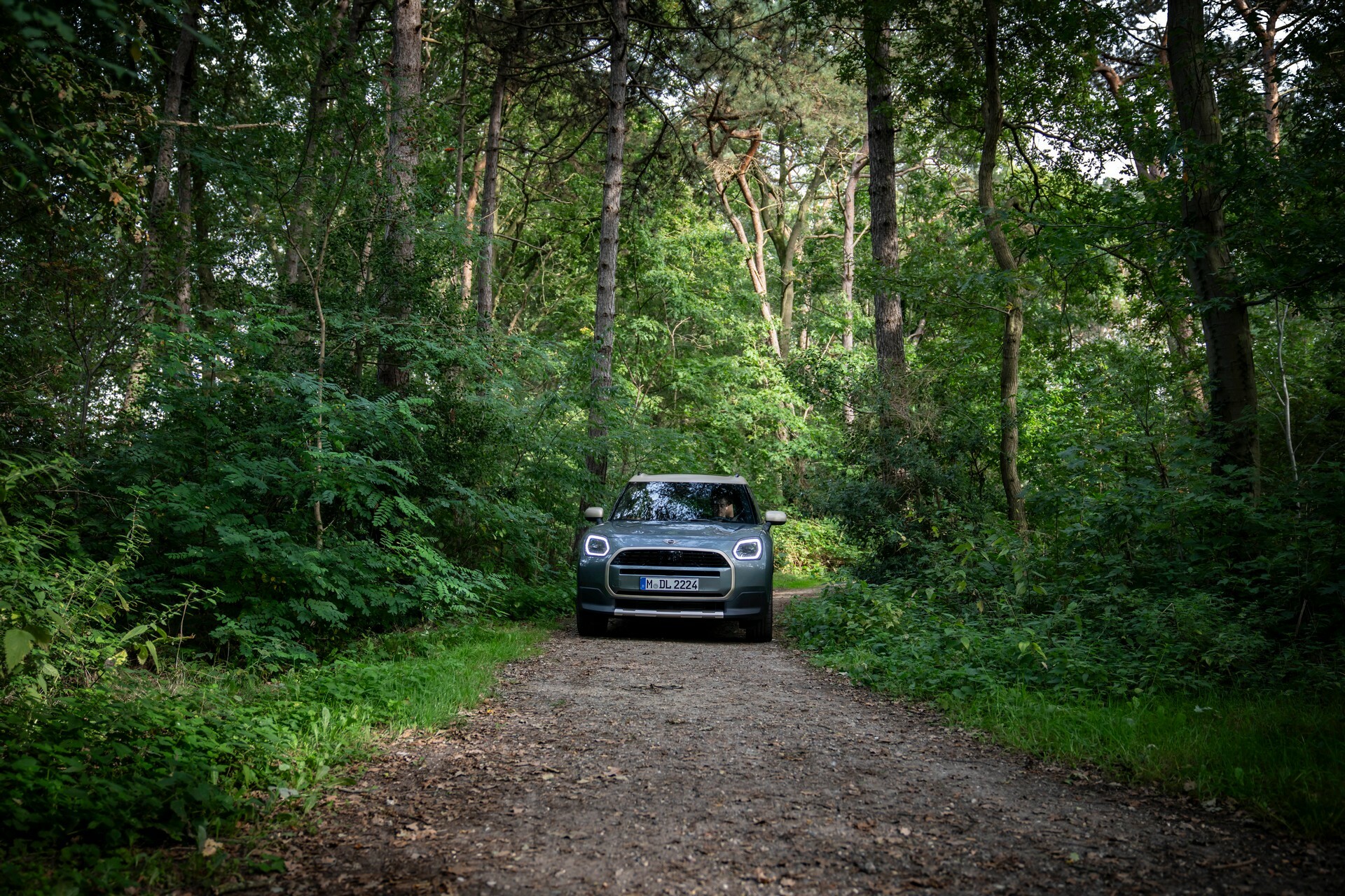 Mini Countryman C on a woodland trail, front view