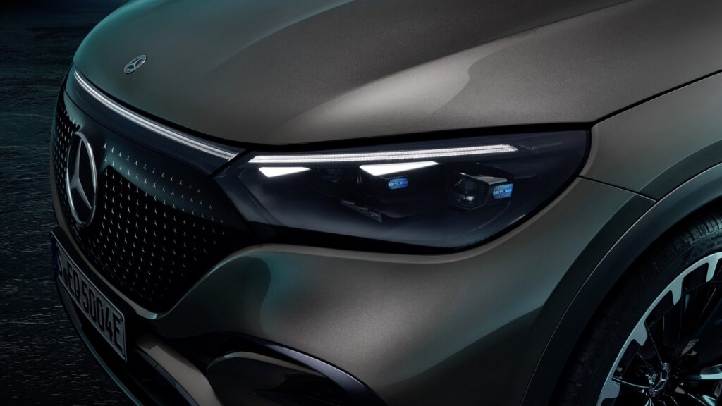 Mercedes EQE SUV depreciation detail: close-up of the digital headlight and grille