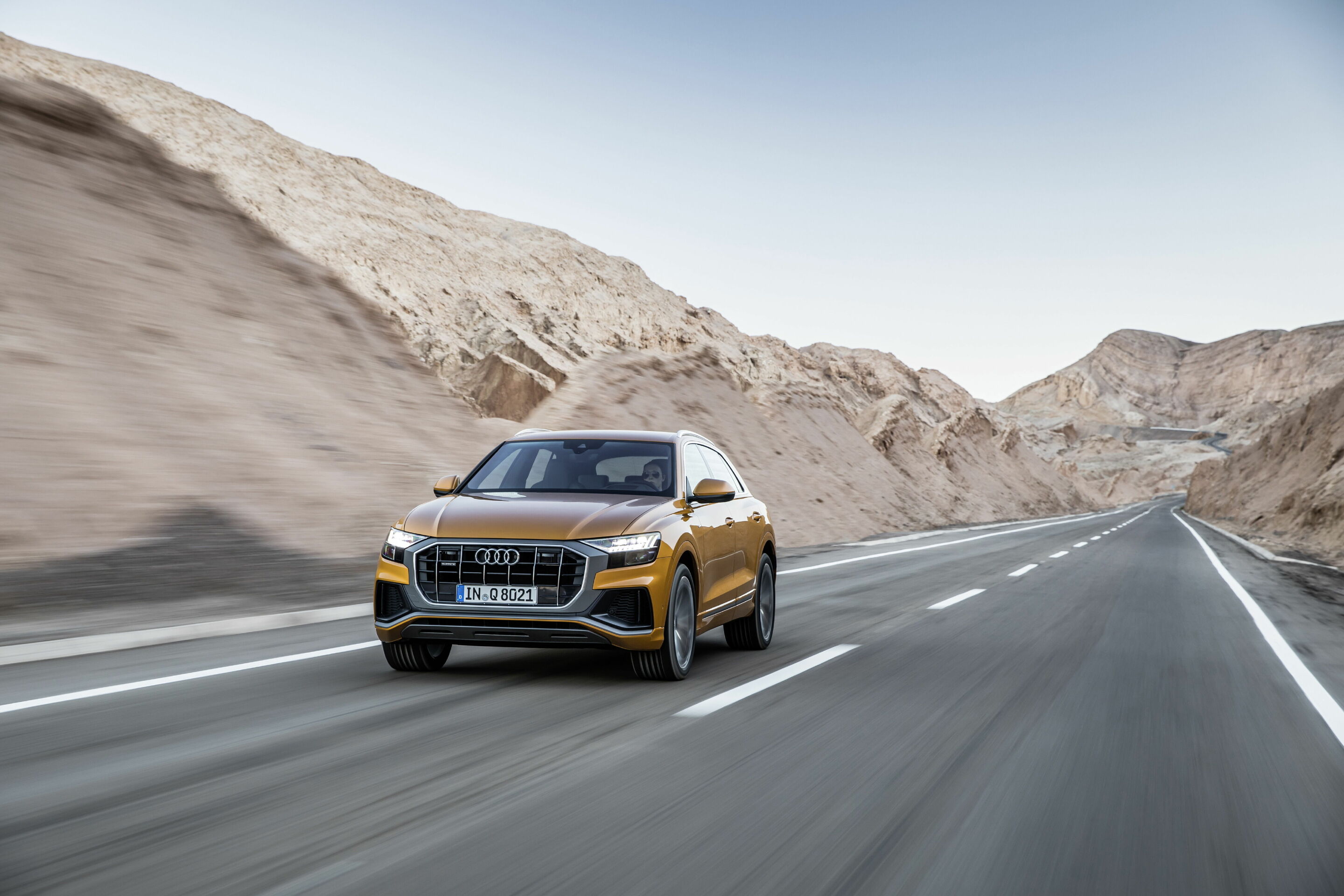 Audi Q8 55 TFSI mild-hybrid V6 front on the road