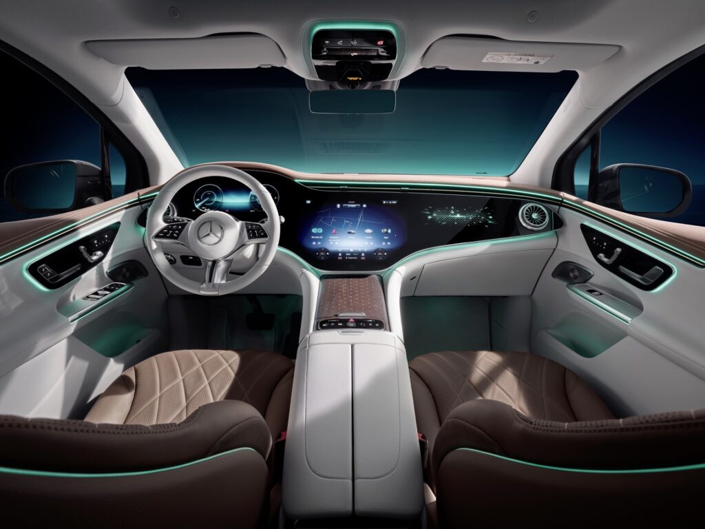 Mercedes EQE SUV interior with the MBUX Hyperscreen dashboard and ambient lighting