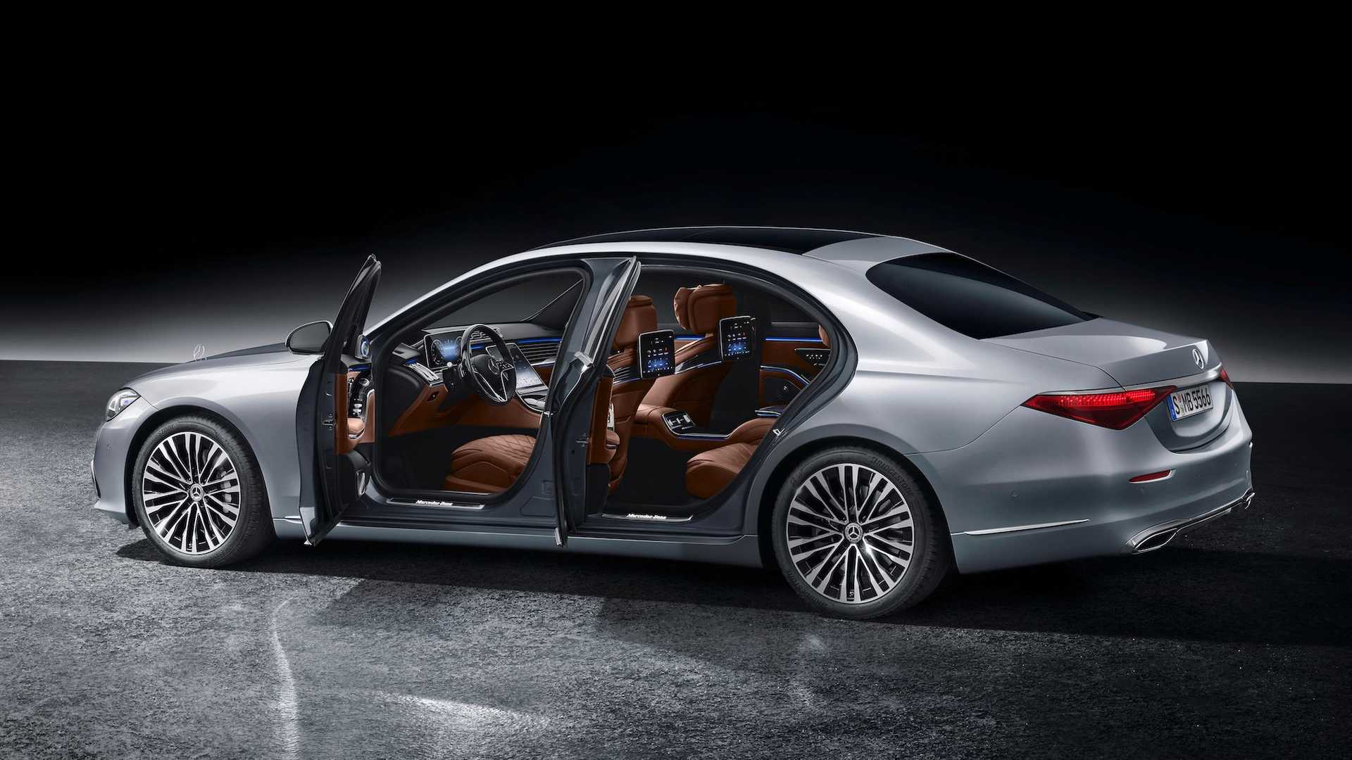 Mercedes S-Class W223 used side profile with doors open showing the cabin