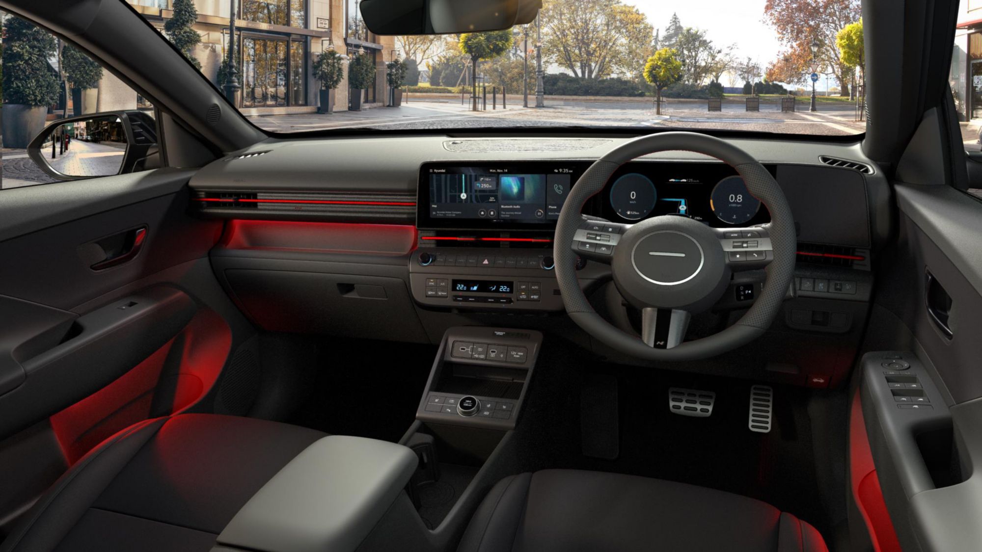 Hyundai Kona Hybrid interior with dual digital displays, 0% APR deal checks
