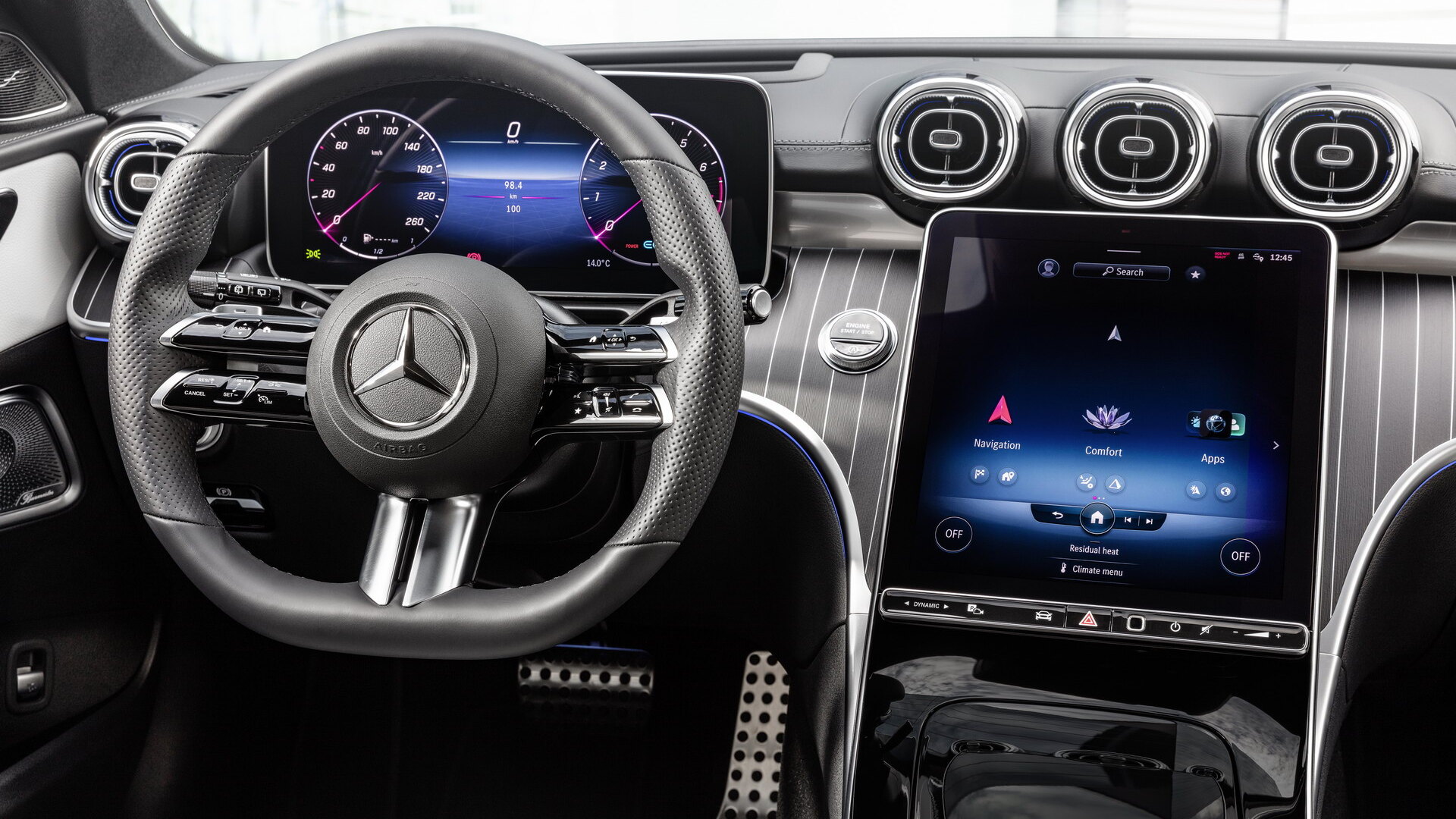 Mercedes C-Class W206 cockpit with steering wheel and digital driver display