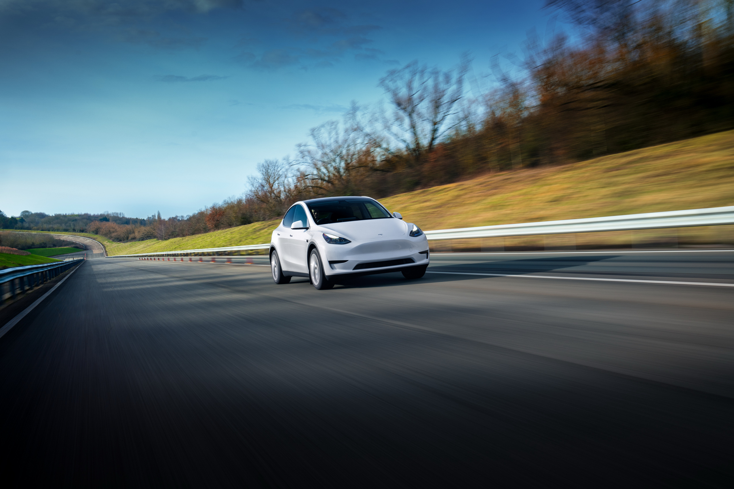 Used Tesla Model Y Long Range in white driving on a tree-lined road