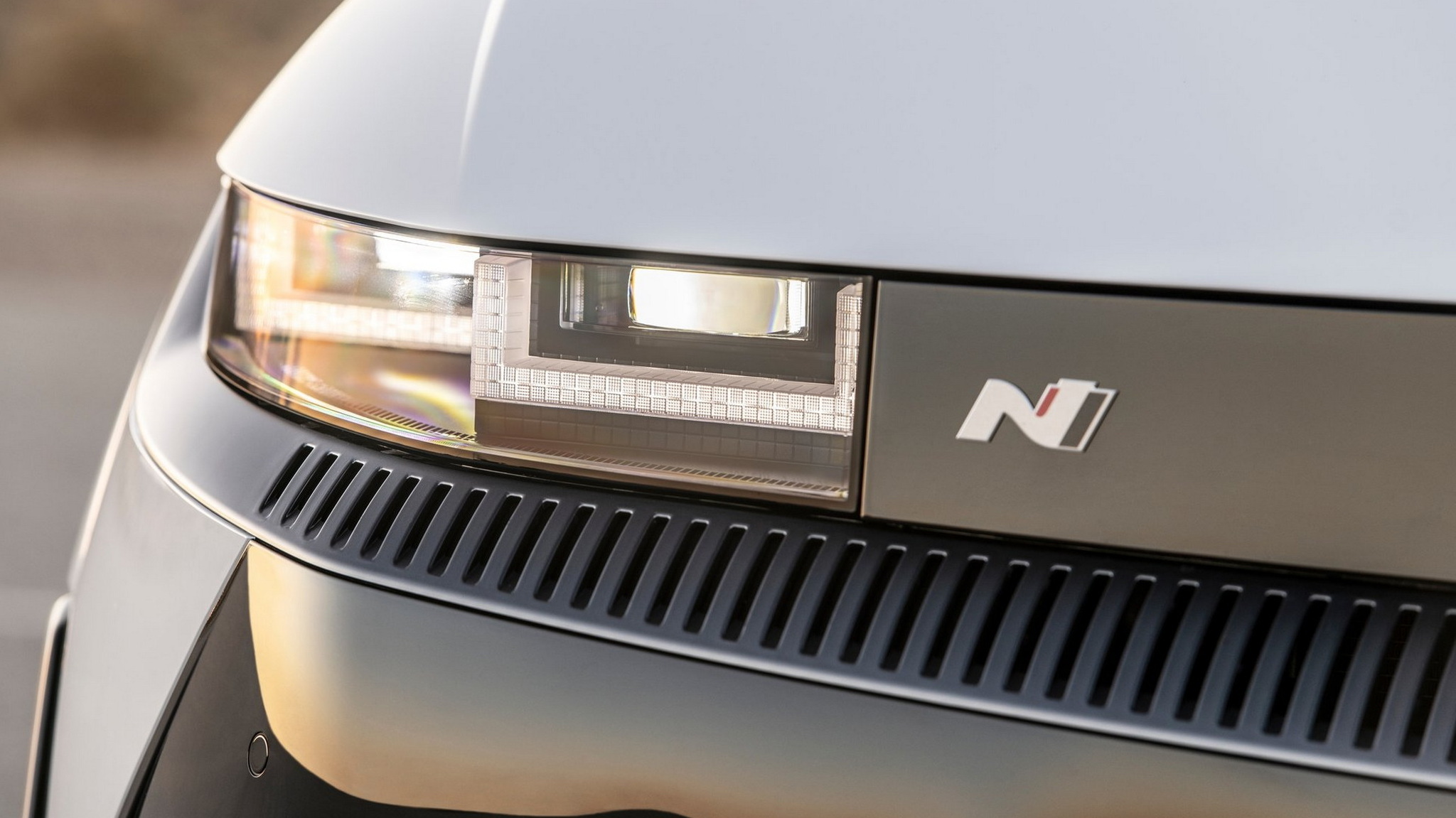 Hyundai Ioniq 5 N front headlight detail with N performance badge