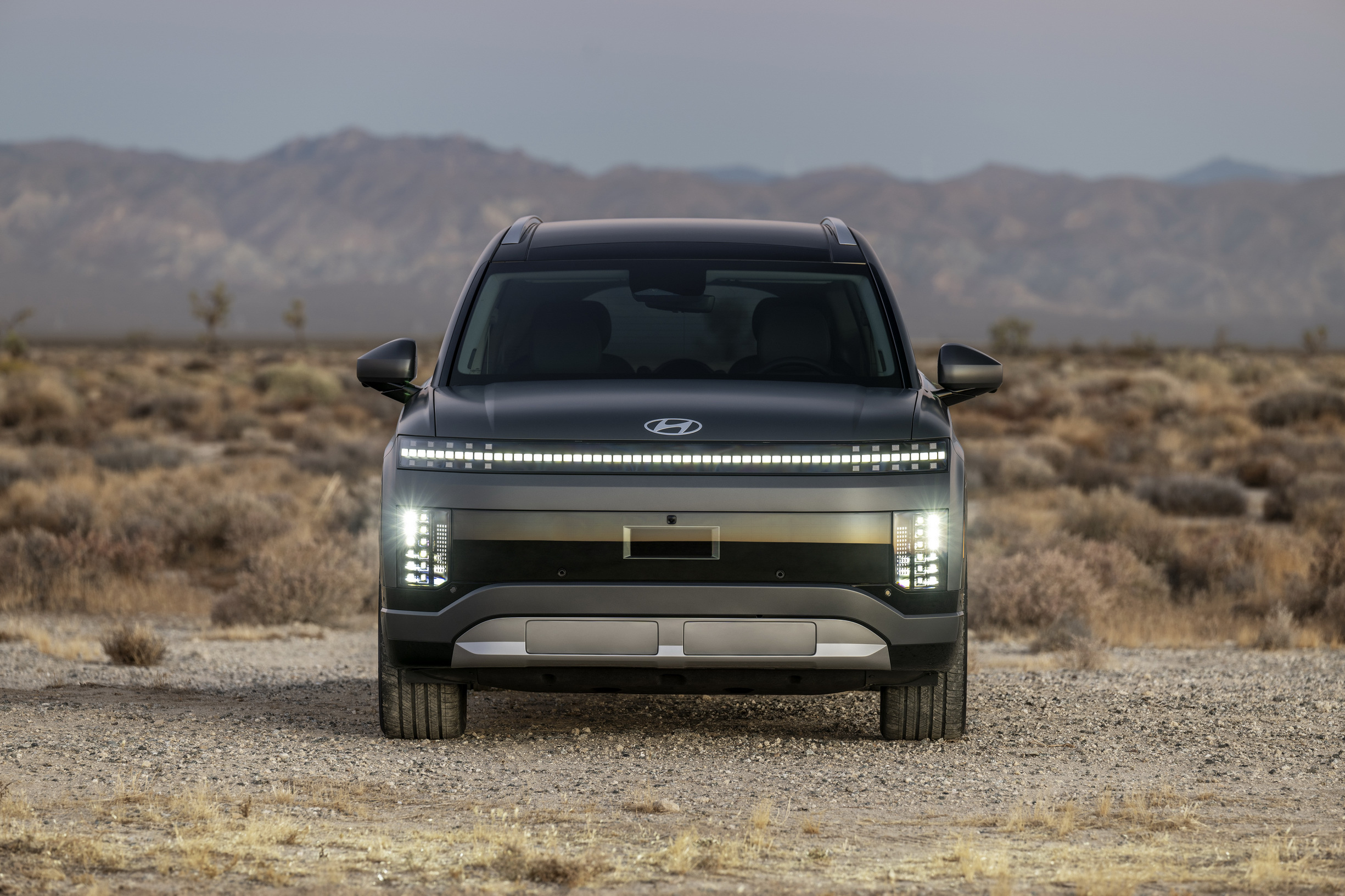Hyundai Ioniq 9 front view showing the full-width pixel light bar