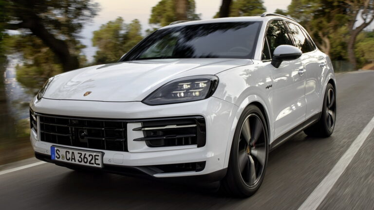 Porsche Cayenne E-Hybrid SUV front three-quarter view in white