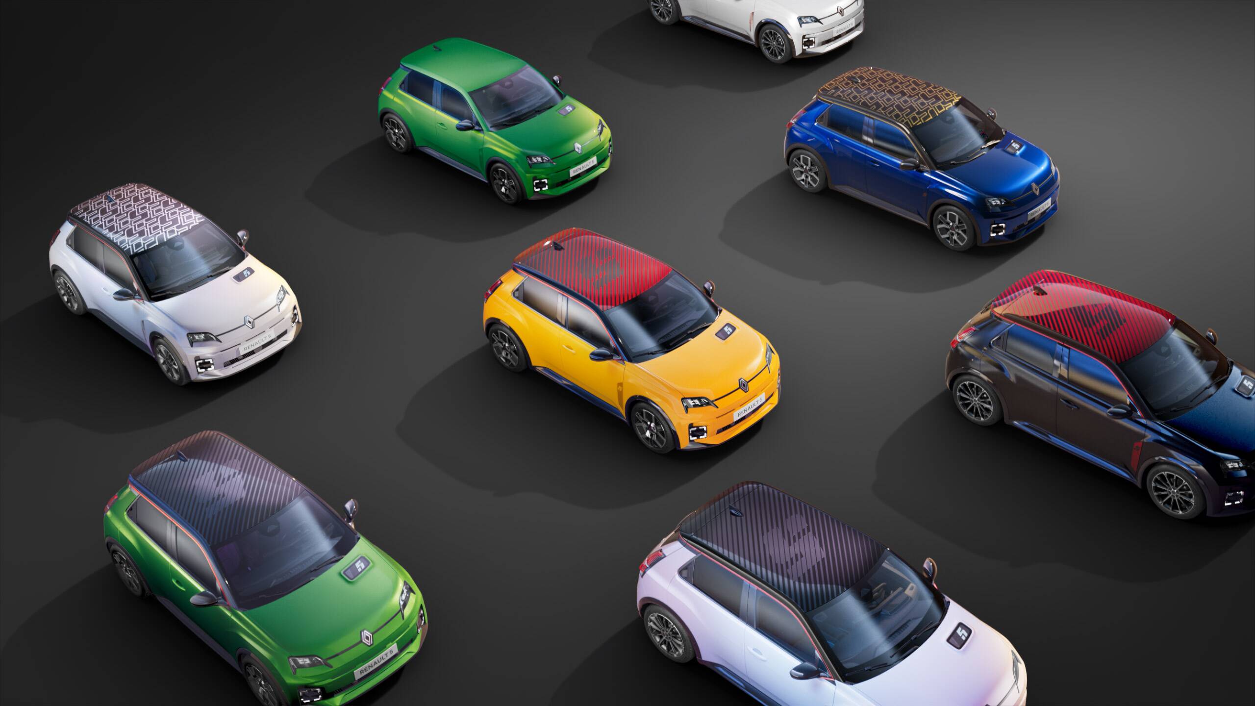 Renault 5 E-Tech electric range shown in eight body colours, official Renault studio image