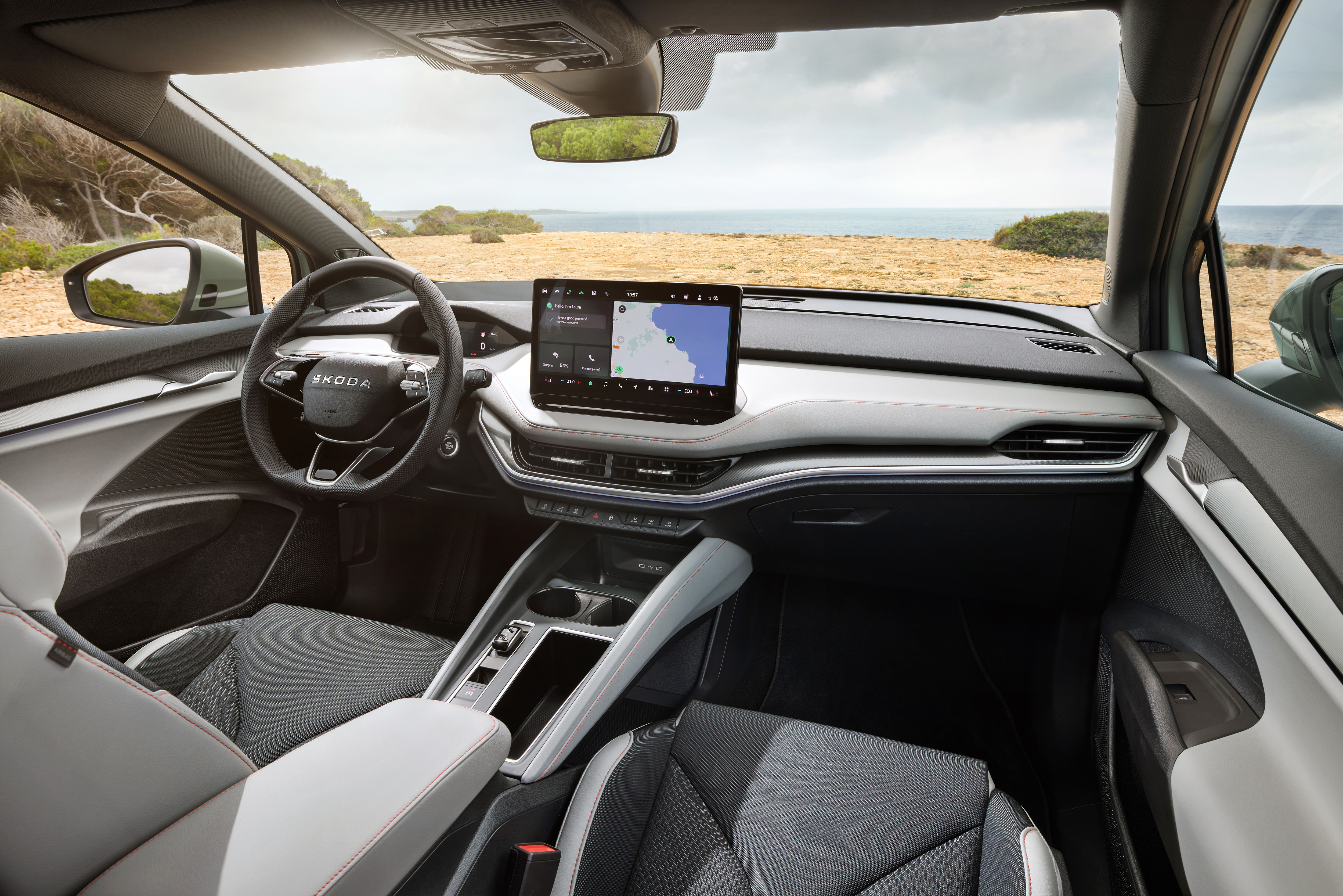 Skoda Elroq cabin with central touchscreen and two-tone seats