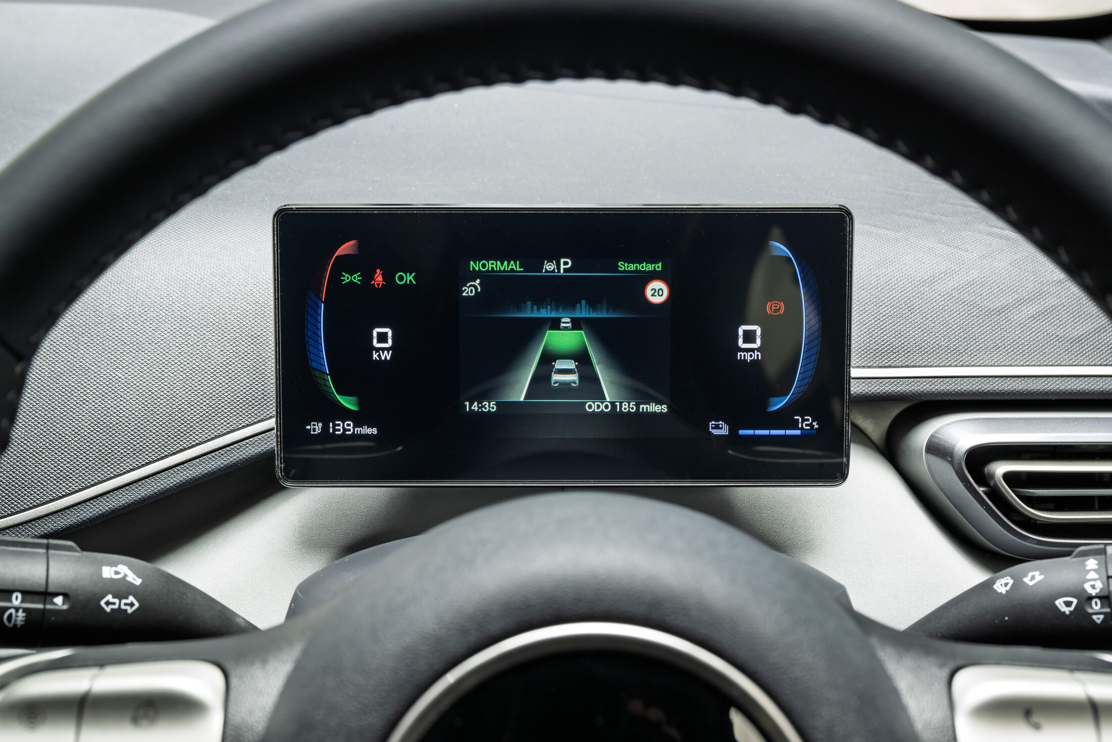 BYD Dolphin Surf digital driver display showing 139 miles of range and 72 per cent battery