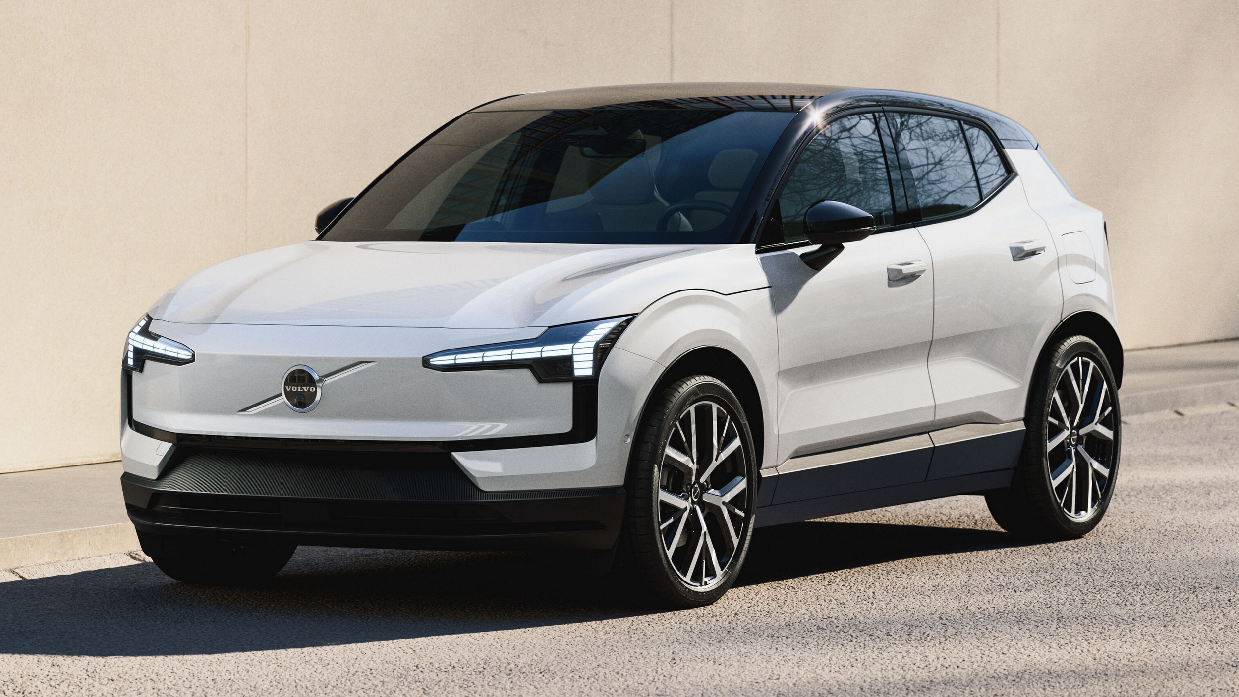 Volvo EX30 in white, front three-quarter studio shot