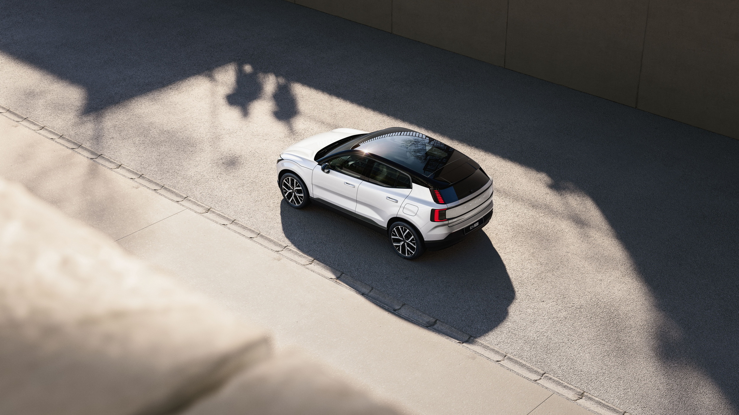 Volvo EX30 in white photographed from above