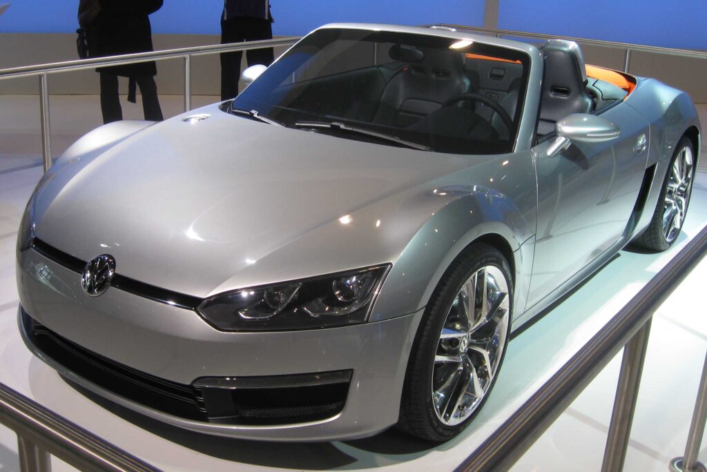 Volkswagen BlueSport concept two-seat roadster on show stand